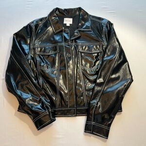 Nine West Shiny Black Faux Leather trucker like Jacket